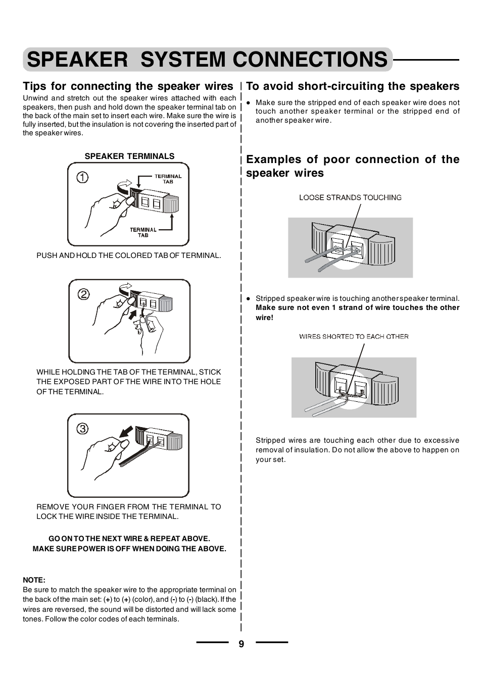 Speaker system connections, Tips for connecting the speaker wires, Examples of poor connection of the speaker wires | Lenoxx Electronics HT-391 User Manual | Page 10 / 26