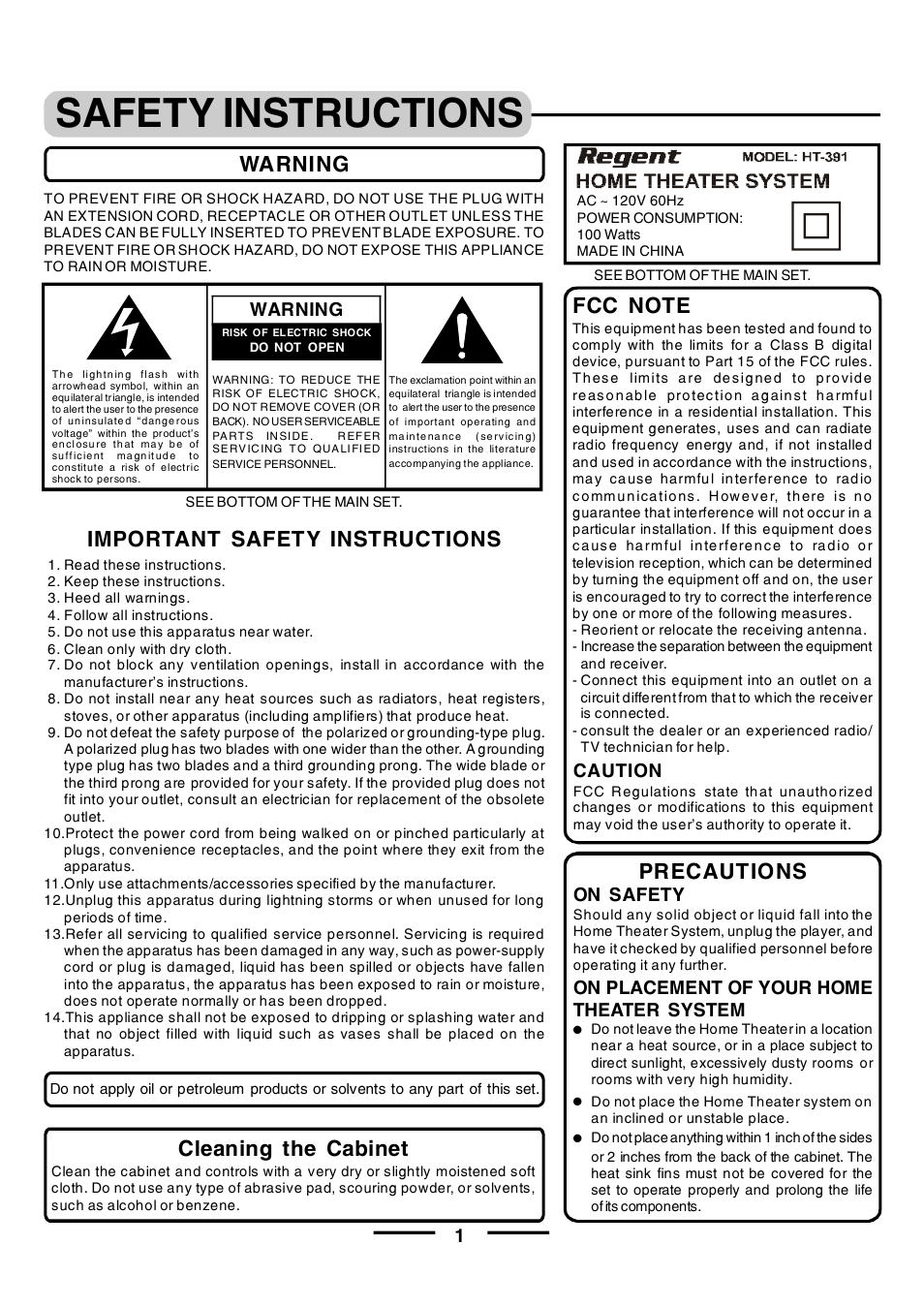 Safety instructions, Warning important safety instructions, Precautions | Cleaning the cabinet, Caution, Warning, On safety, On placement of your home theater system | Lenoxx Electronics HT-391 User Manual | Page 2 / 26