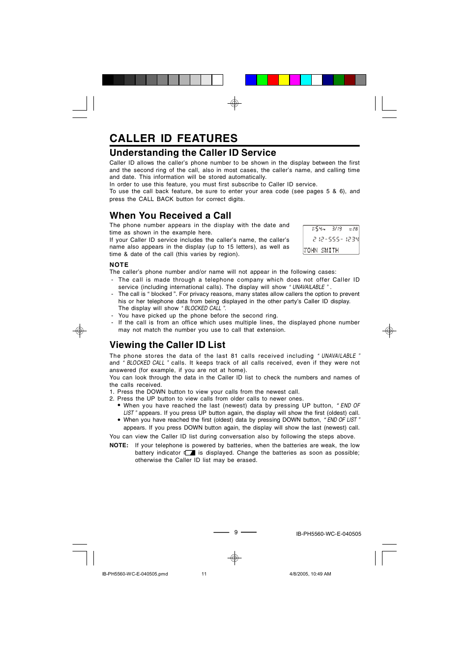 Caller id features, Understanding the caller id service, When you received a call | Viewing the caller id list | Lenoxx Electronics H-5560 User Manual | Page 11 / 17