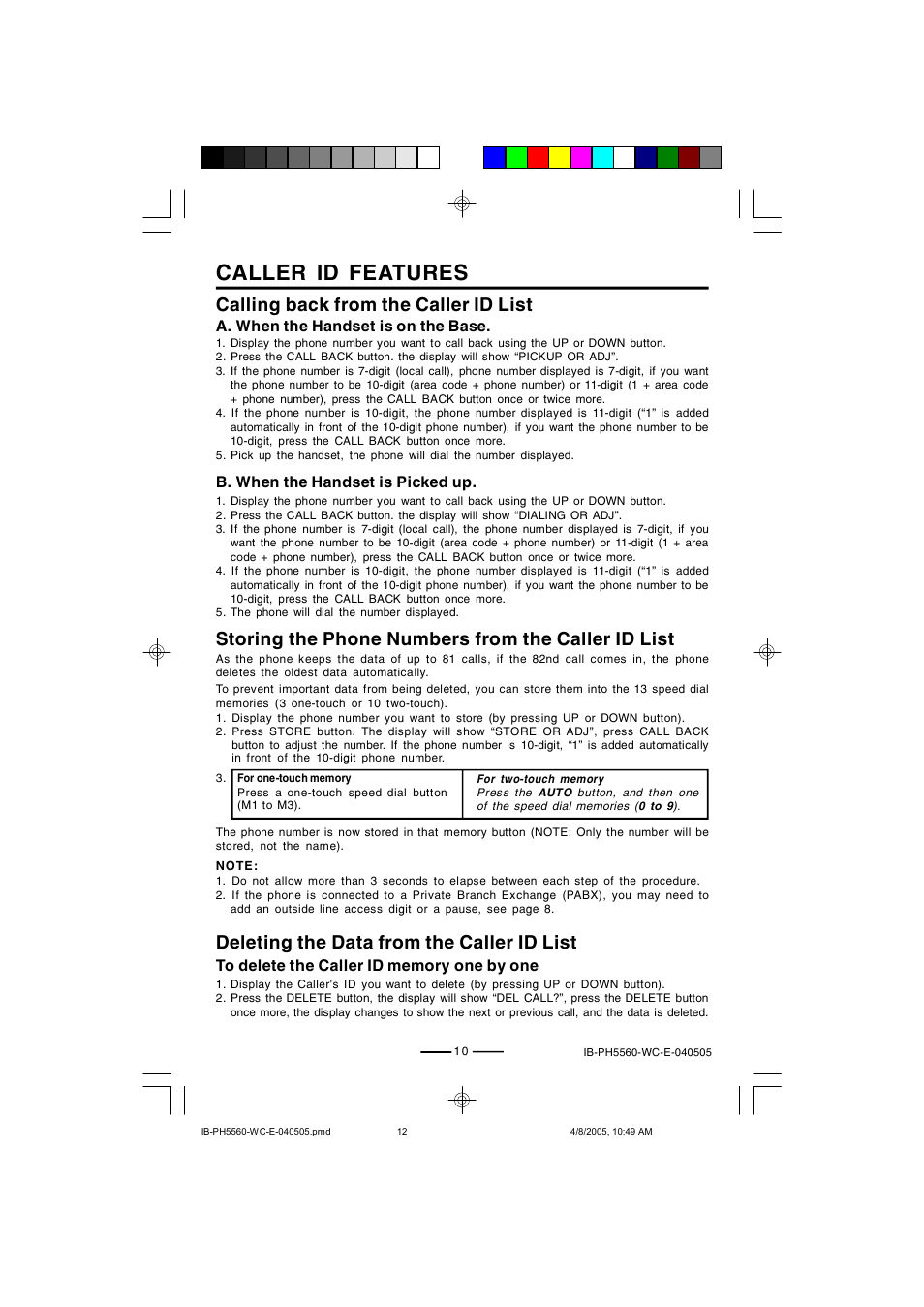 Caller id features, Storing the phone numbers from the caller id list, Deleting the data from the caller id list | Calling back from the caller id list | Lenoxx Electronics H-5560 User Manual | Page 12 / 17