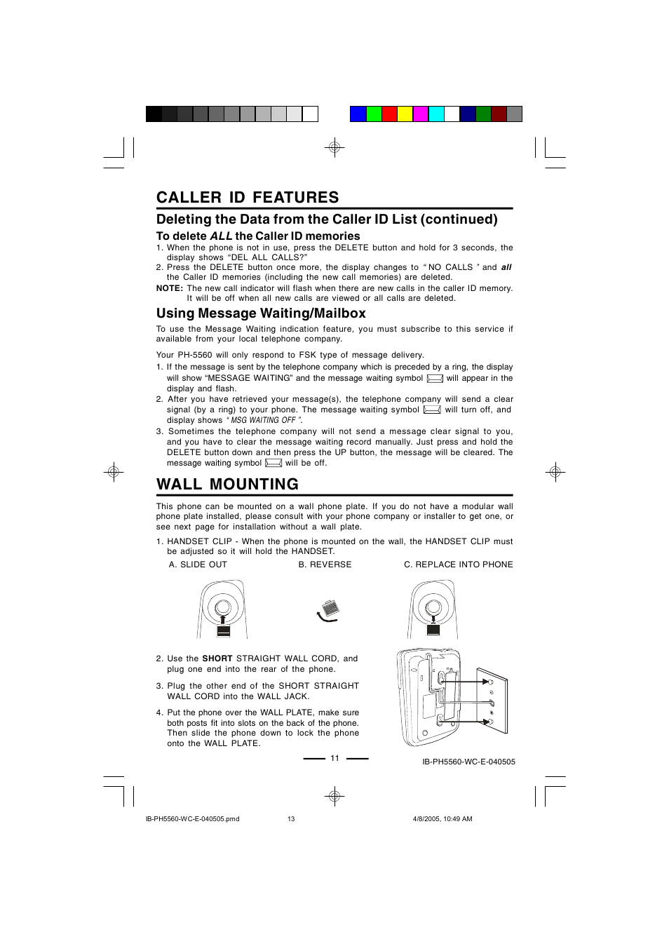 Wall mounting, Caller id features, Using message waiting/mailbox | Lenoxx Electronics H-5560 User Manual | Page 13 / 17