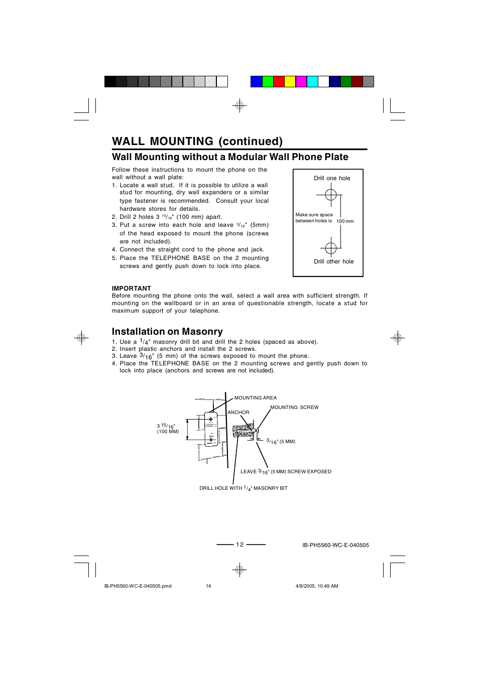 Wall mounting (continued), Wall mounting without a modular wall phone plate, Installation on masonry | Lenoxx Electronics H-5560 User Manual | Page 14 / 17