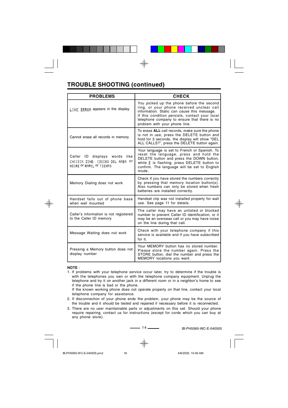 Trouble shooting (continued) | Lenoxx Electronics H-5560 User Manual | Page 16 / 17
