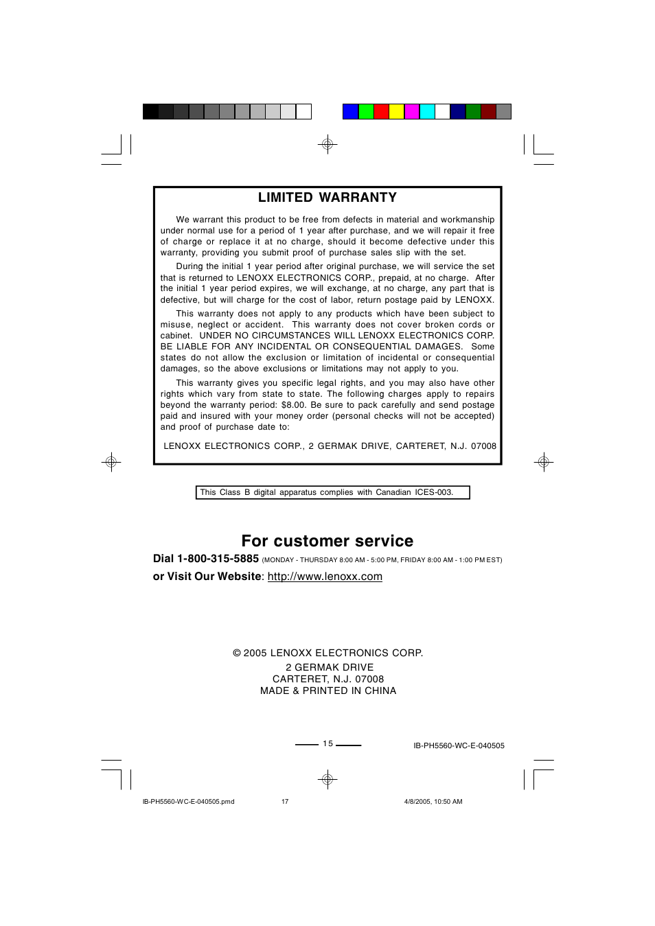 For customer service, Limited warranty | Lenoxx Electronics H-5560 User Manual | Page 17 / 17