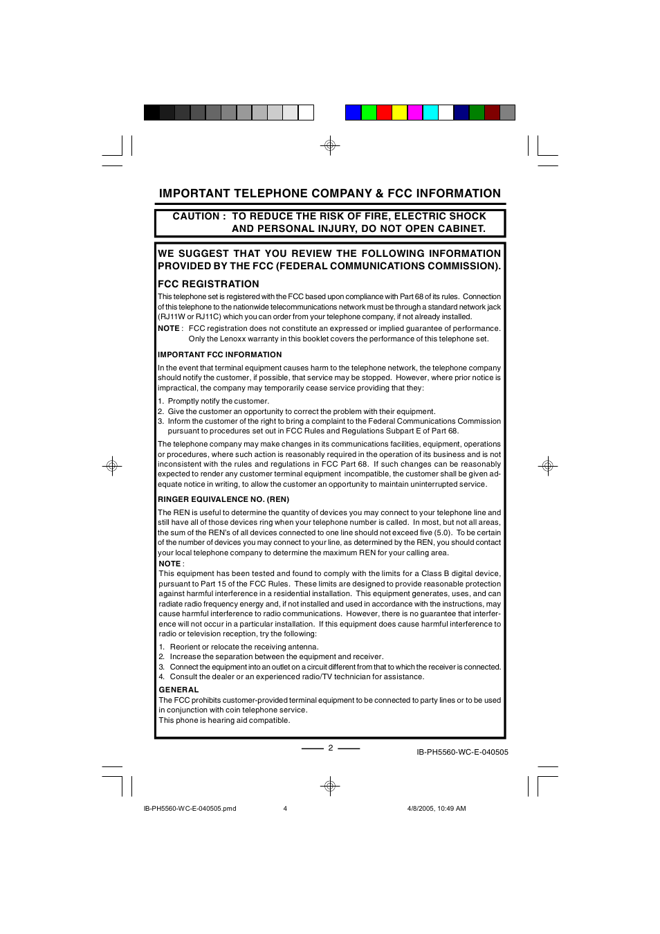 Important telephone company & fcc information | Lenoxx Electronics H-5560 User Manual | Page 4 / 17