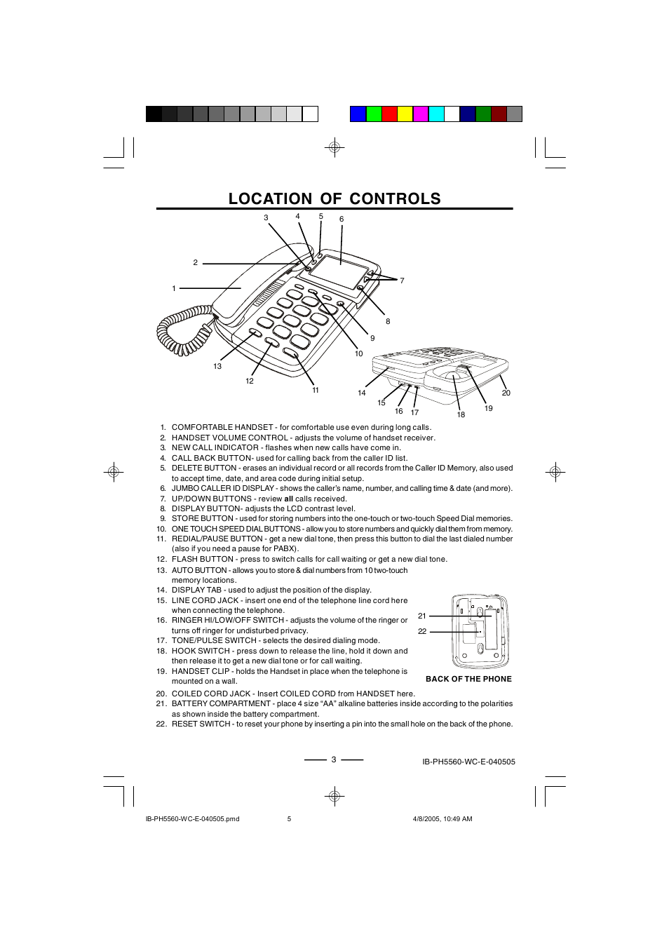 Location of controls | Lenoxx Electronics H-5560 User Manual | Page 5 / 17