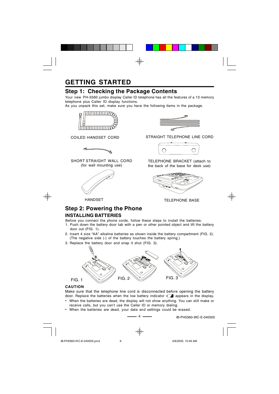 Getting started, Step 1: checking the package contents, Step 2: powering the phone | Lenoxx Electronics H-5560 User Manual | Page 6 / 17