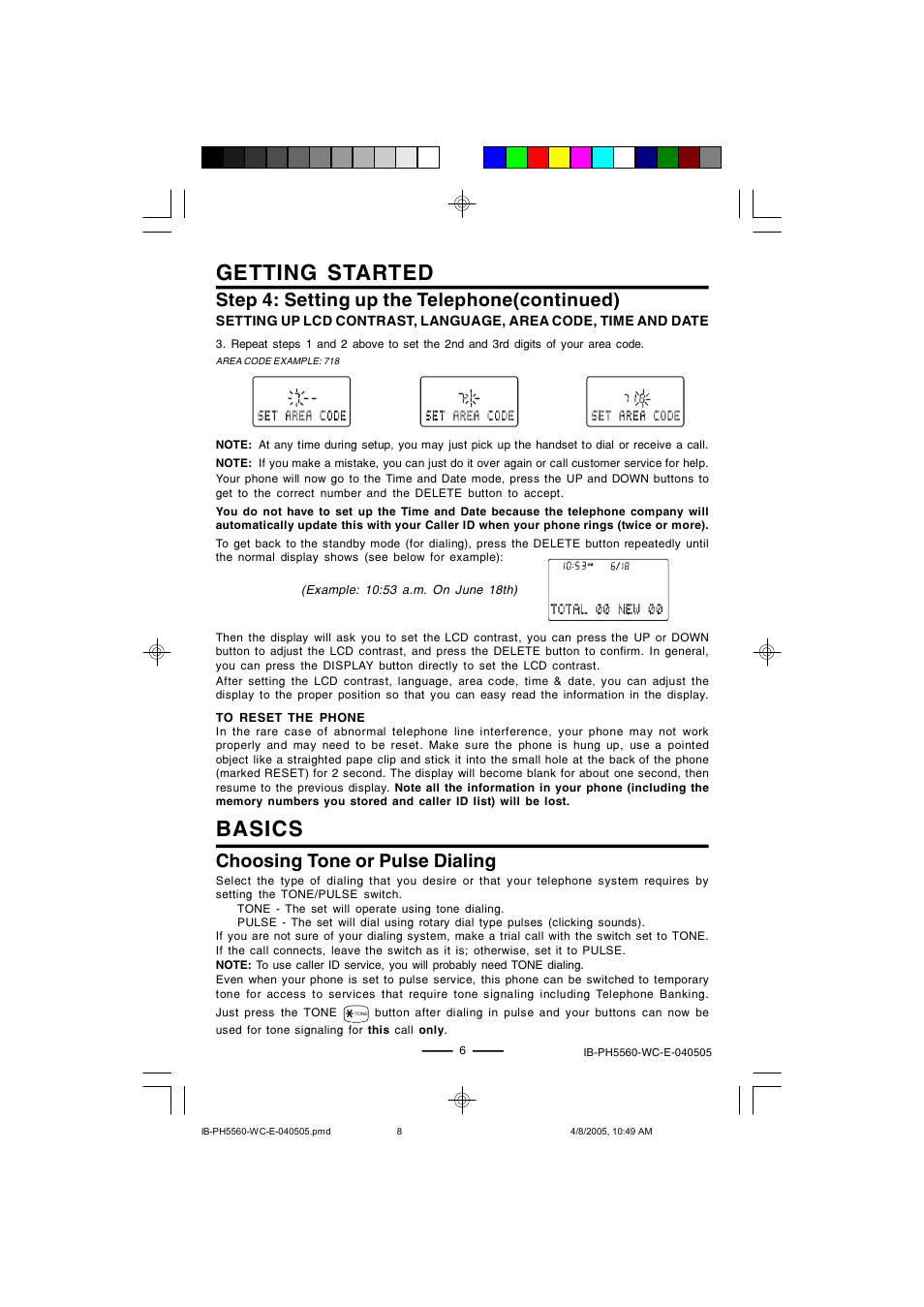 Getting started, Basics, Step 4: setting up the telephone(continued) | Choosing tone or pulse dialing | Lenoxx Electronics H-5560 User Manual | Page 8 / 17