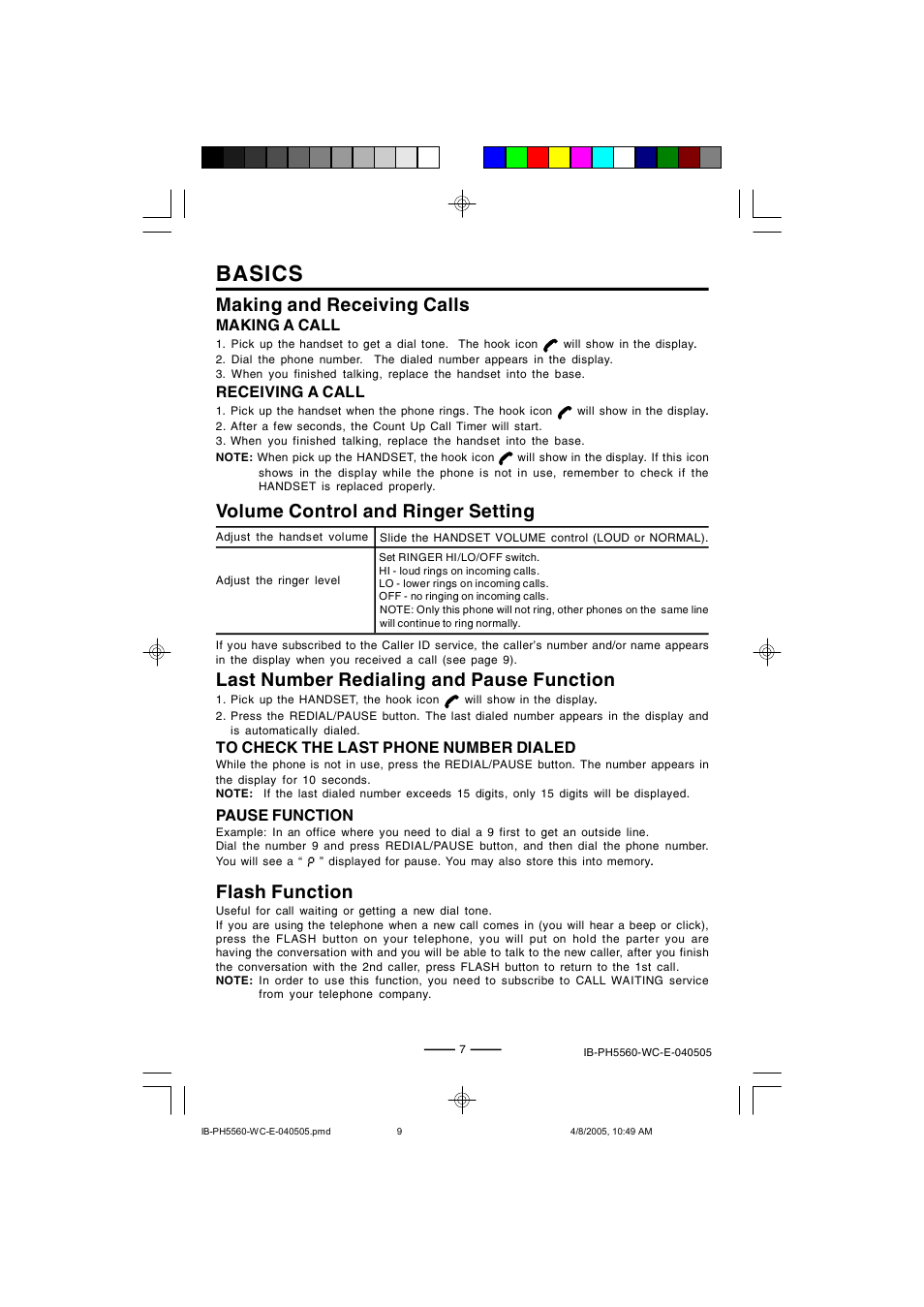 Basics, Making and receiving calls, Volume control and ringer setting | Last number redialing and pause function, Flash function | Lenoxx Electronics H-5560 User Manual | Page 9 / 17