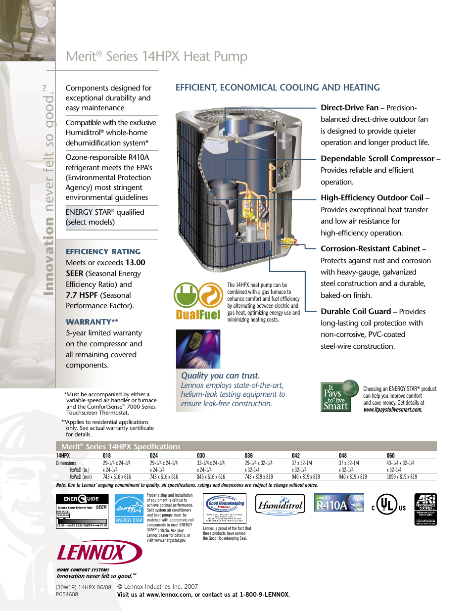 Merit, Series 14hpx heat pump, Efficient, economical cooling and heating | Lenoxx Electronics 14HPX User Manual | Page 2 / 2