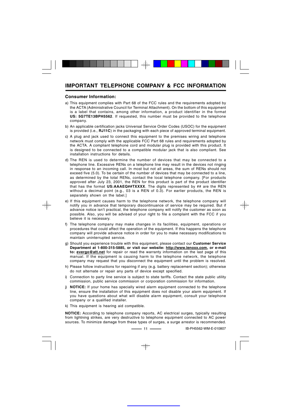 Important telephone company & fcc information | Lenoxx Electronics PH-5562 User Manual | Page 12 / 14
