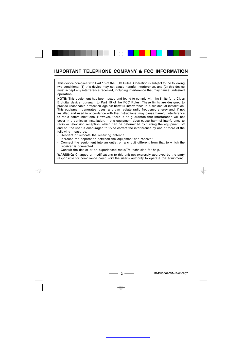 Important telephone company & fcc information | Lenoxx Electronics PH-5562 User Manual | Page 13 / 14