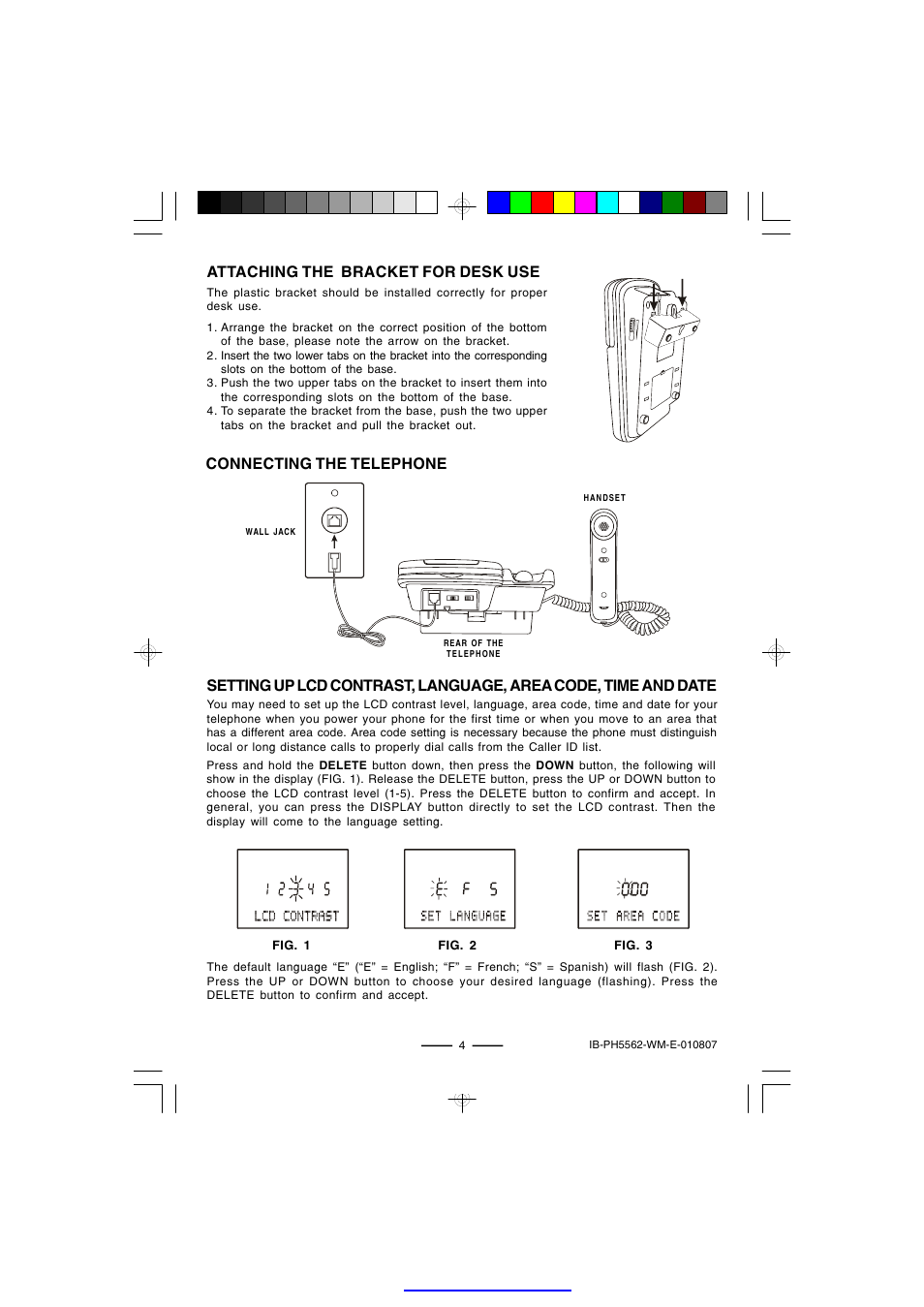 Attaching the bracket for desk use, Connecting the telephone | Lenoxx Electronics PH-5562 User Manual | Page 5 / 14