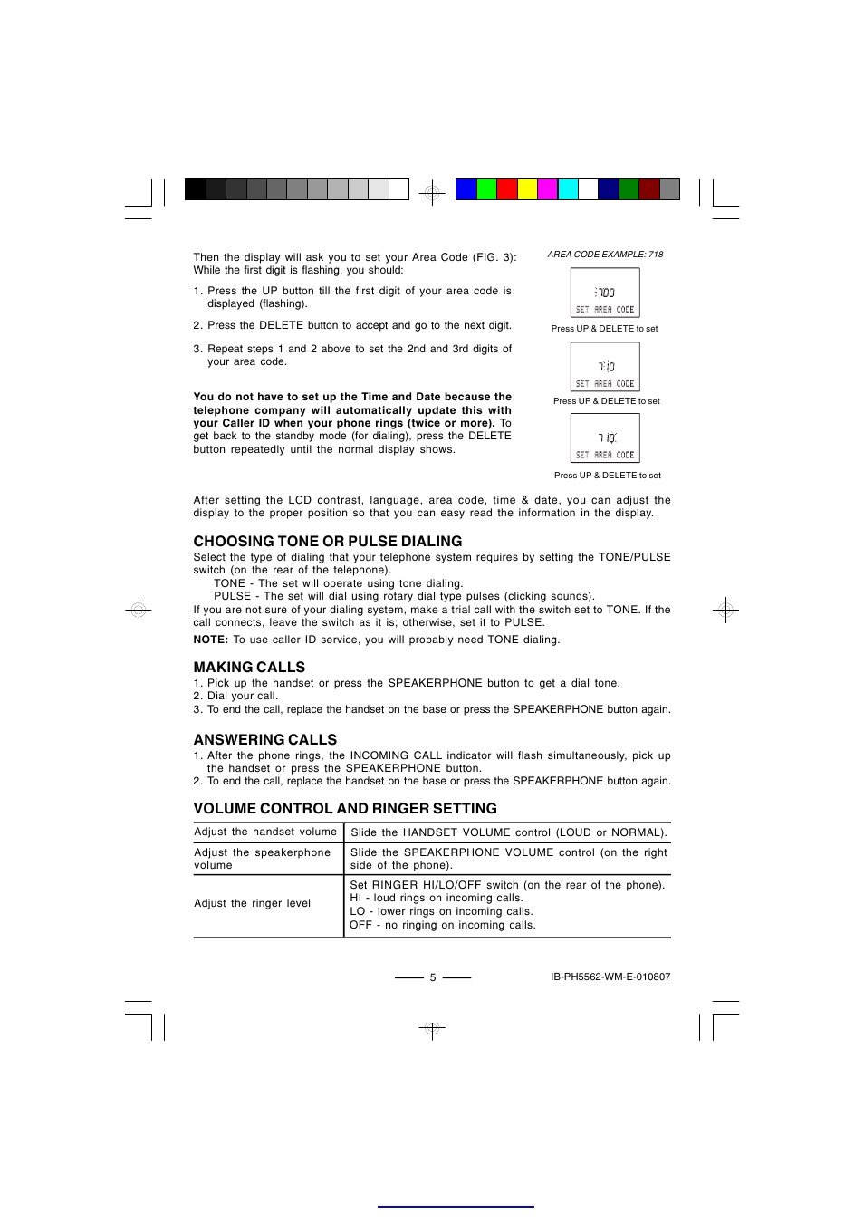 Answering calls, Volume control and ringer setting, Making calls | Choosing tone or pulse dialing | Lenoxx Electronics PH-5562 User Manual | Page 6 / 14