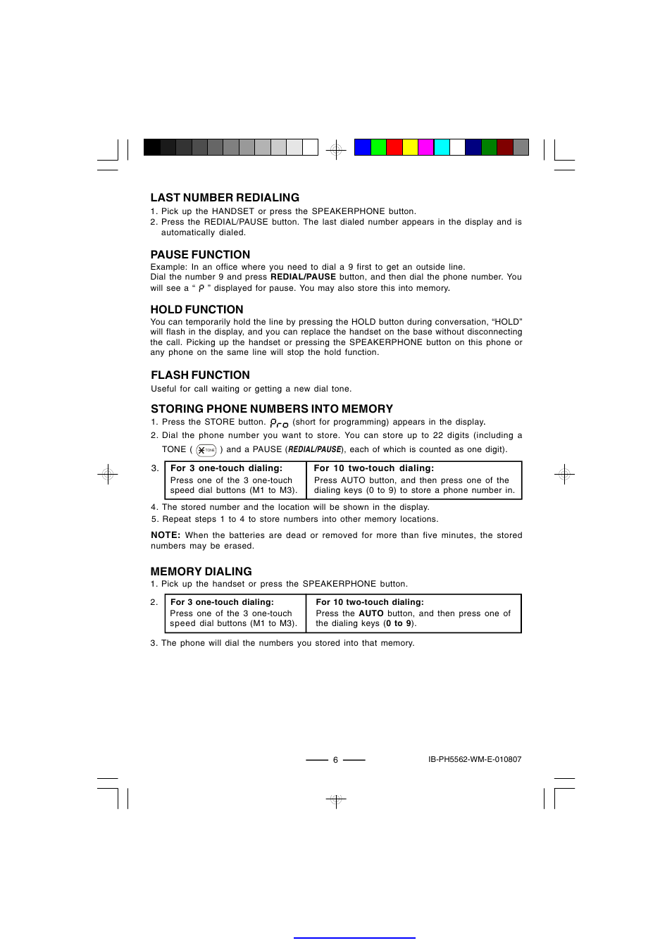 Hold function, Flash function, Last number redialing pause function | Lenoxx Electronics PH-5562 User Manual | Page 7 / 14