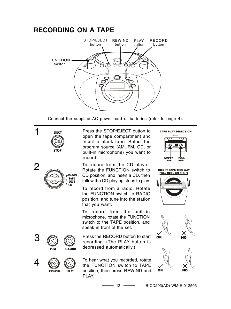 Recording on a tape | Lenoxx Electronics CD203 User Manual | Page 13 / 19