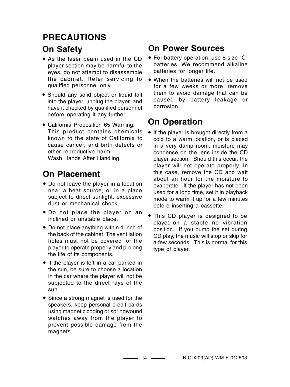 Precautions, On operation, On placement | On safety, On power sources | Lenoxx Electronics CD203 User Manual | Page 15 / 19