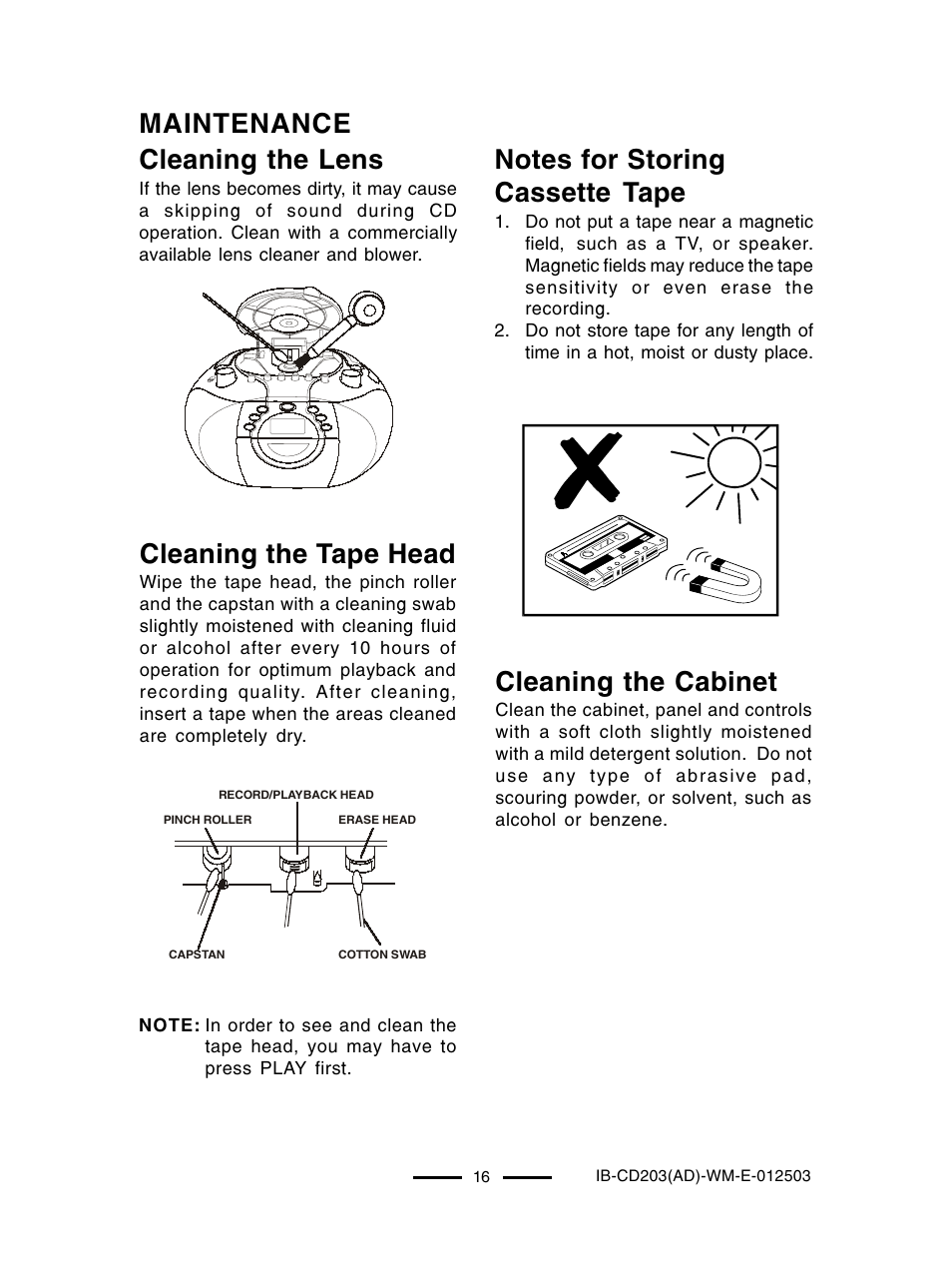 Cleaning the cabinet, Maintenance cleaning the lens, Cleaning the tape head | Lenoxx Electronics CD203 User Manual | Page 17 / 19