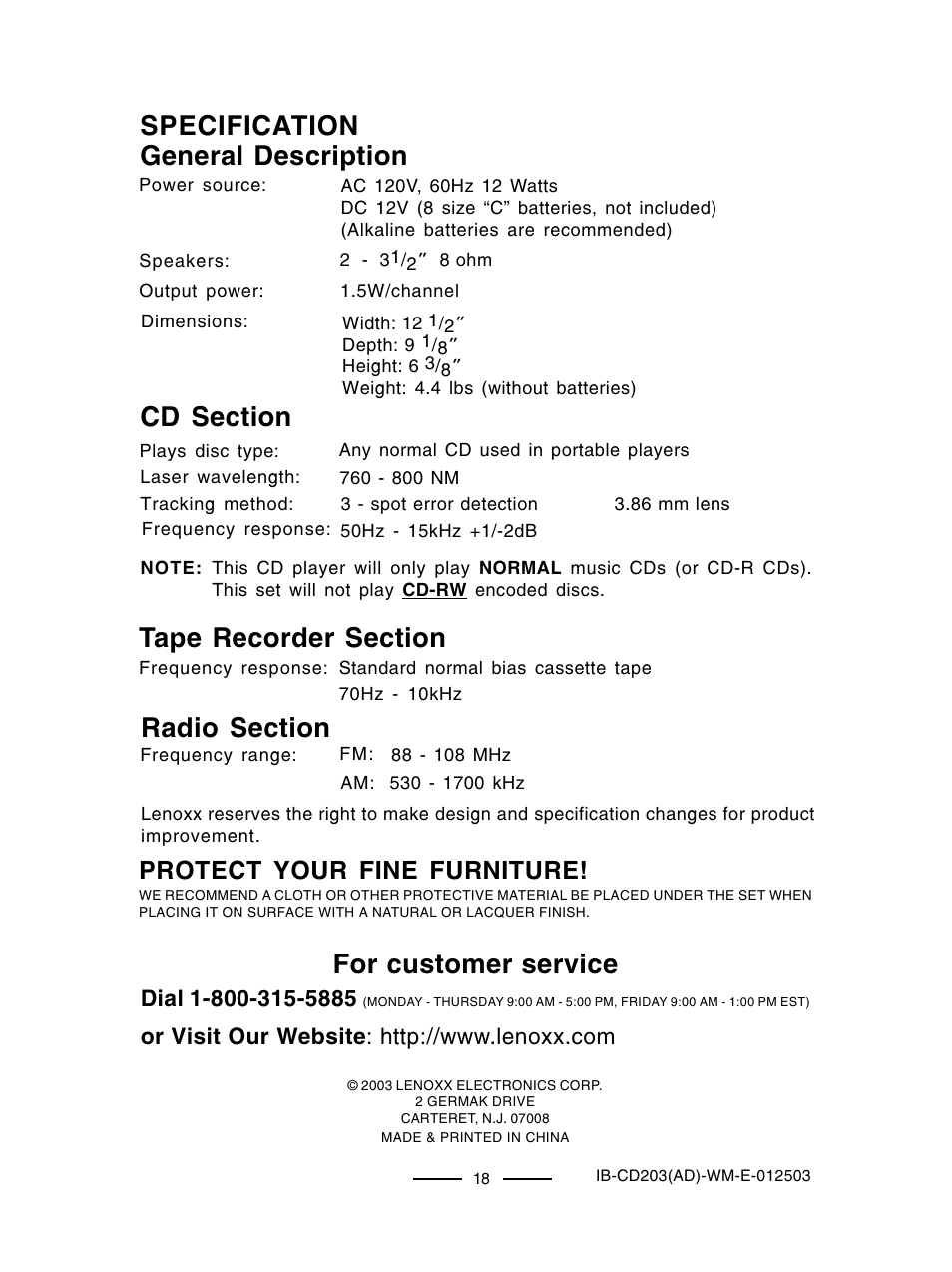 General description, Specification, For customer service | Protect your fine furniture | Lenoxx Electronics CD203 User Manual | Page 19 / 19