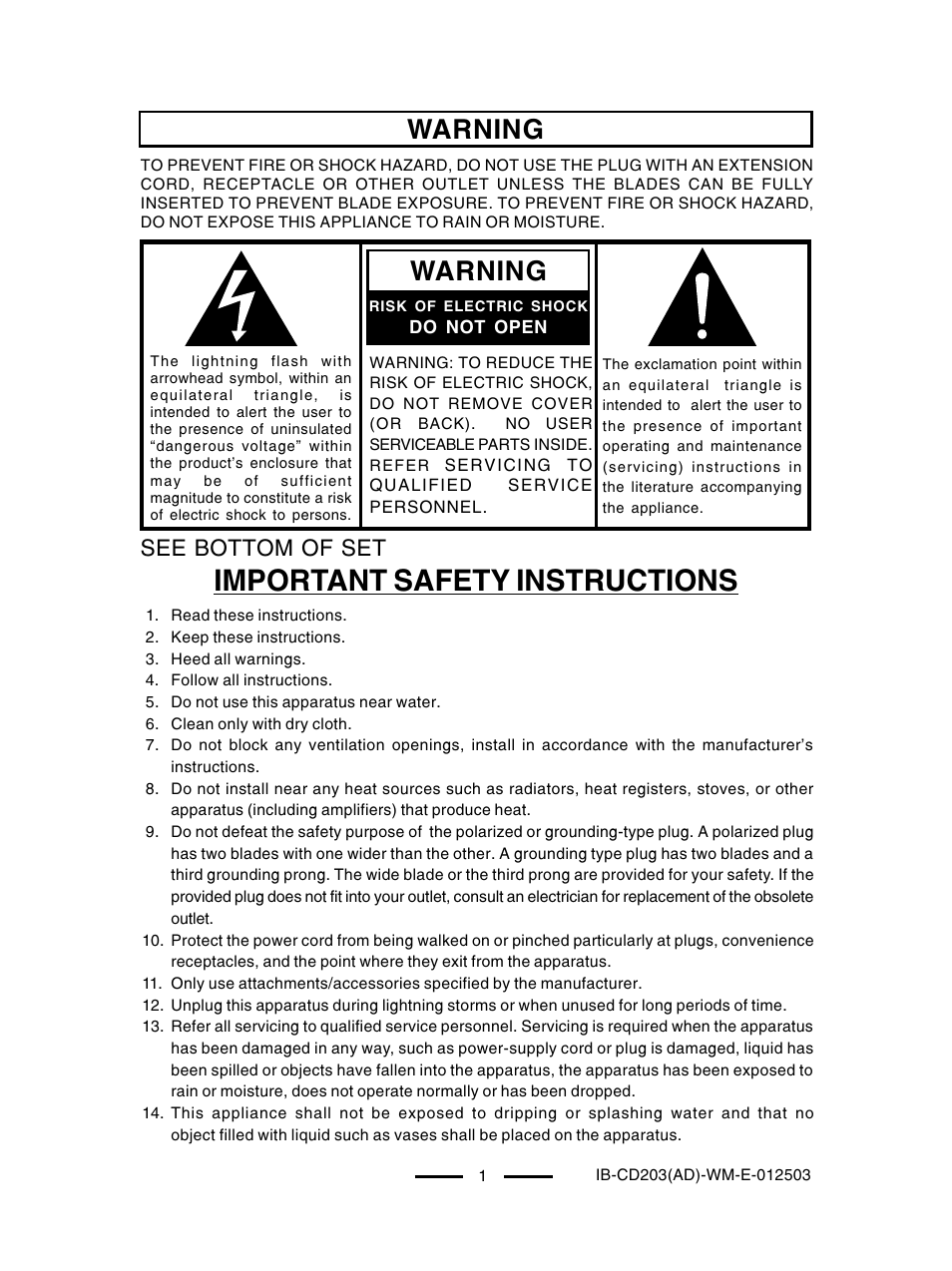 Important safety instructions, Warning, See bottom of set | Lenoxx Electronics CD203 User Manual | Page 2 / 19