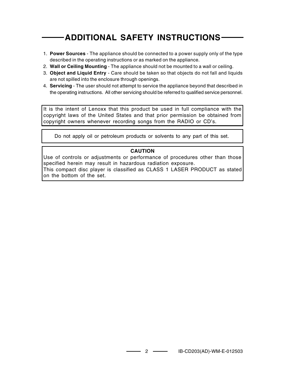 Additional safety instructions | Lenoxx Electronics CD203 User Manual | Page 3 / 19