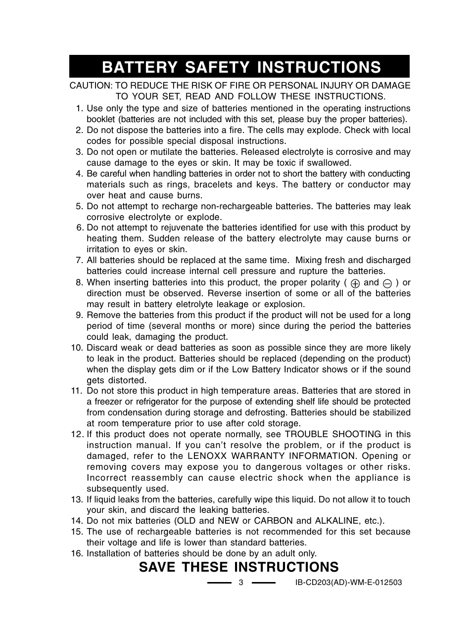 Battery safety instructions, Save these instructions | Lenoxx Electronics CD203 User Manual | Page 4 / 19