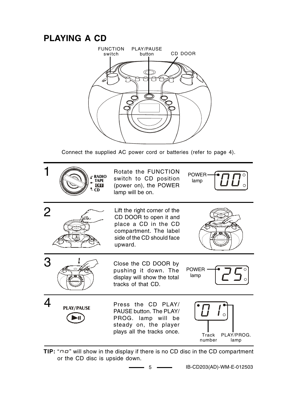 Playing a cd | Lenoxx Electronics CD203 User Manual | Page 6 / 19