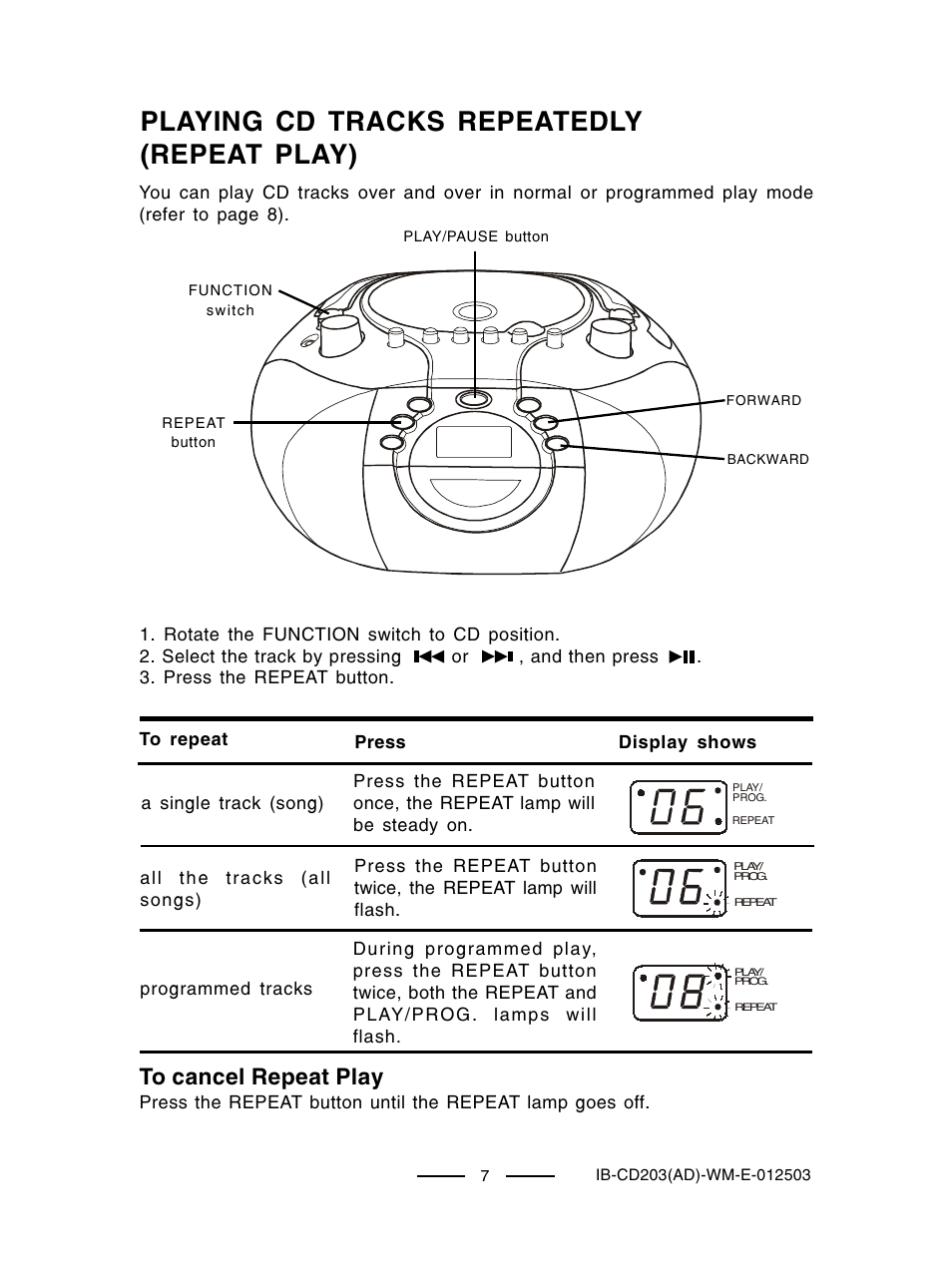 Playing cd tracks repeatedly (repeat play) | Lenoxx Electronics CD203 User Manual | Page 8 / 19