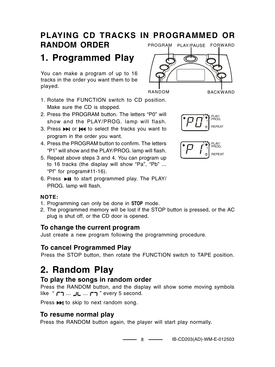 Random play, Programmed play, Playing cd tracks in programmed or random order | Lenoxx Electronics CD203 User Manual | Page 9 / 19