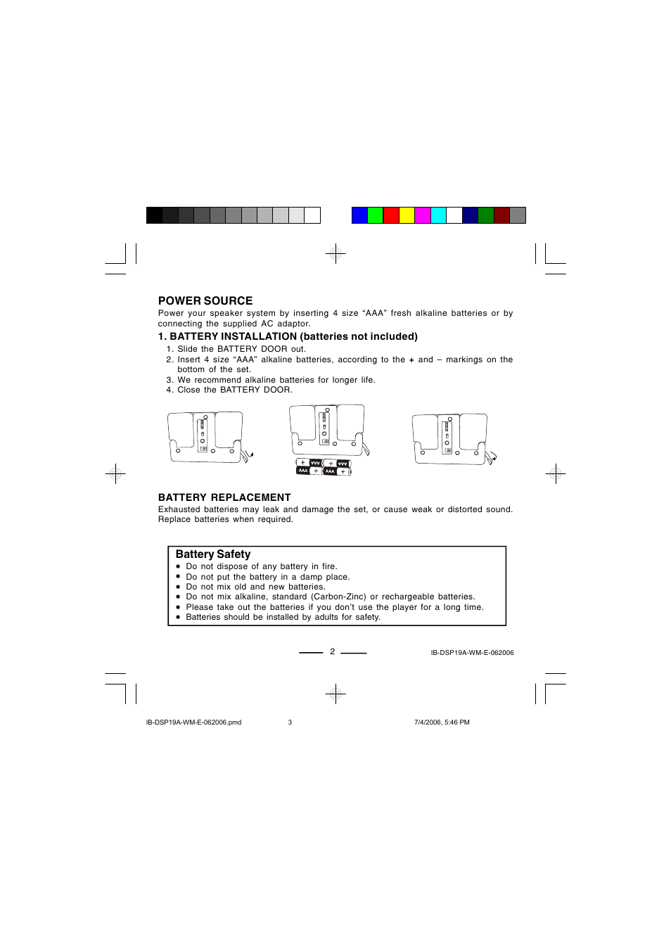 Power source, Battery safety | Lenoxx Electronics DSP-19A User Manual | Page 3 / 8