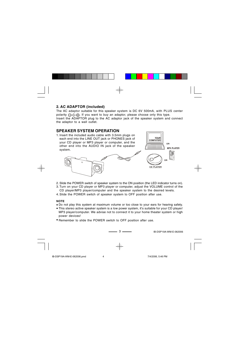 Speaker system operation | Lenoxx Electronics DSP-19A User Manual | Page 4 / 8