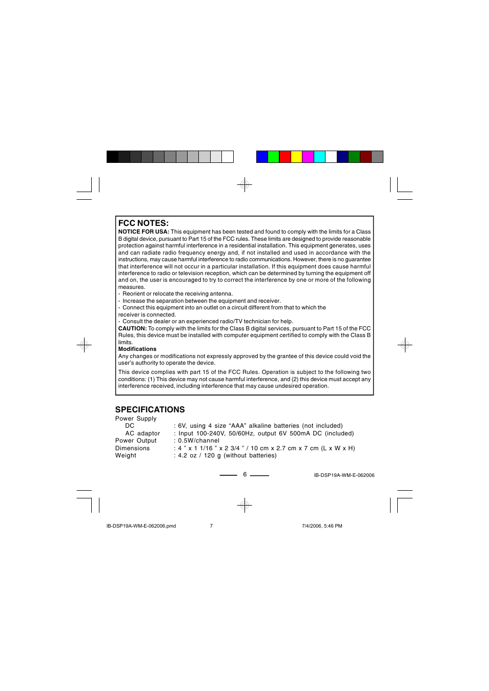 Specifications | Lenoxx Electronics DSP-19A User Manual | Page 7 / 8