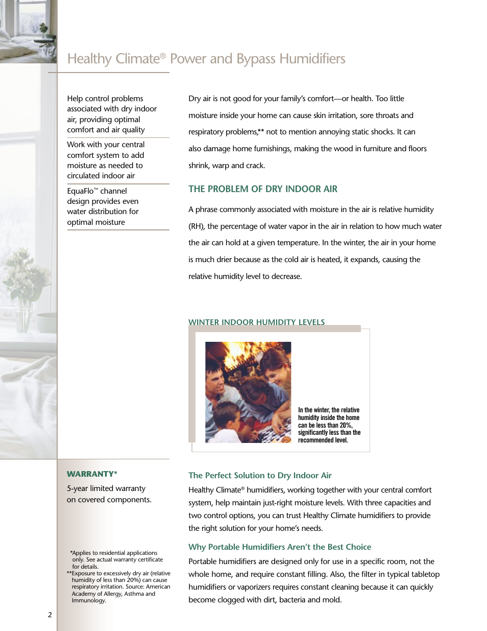 Healthy climate, Power and bypass humidifiers, The problem of dry indoor air | Lenoxx Electronics Whole-Home Humidifiers User Manual | Page 2 / 4
