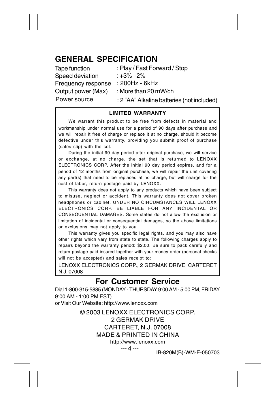 For customer service, General specification | Lenoxx Electronics 820M User Manual | Page 4 / 4