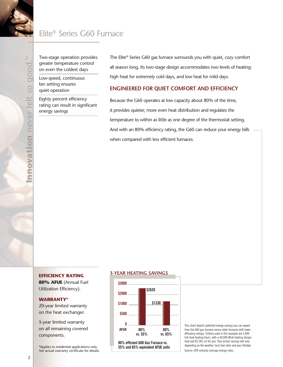 Elite, Series g60 furnace | Lenoxx Electronics G60 User Manual | Page 2 / 4