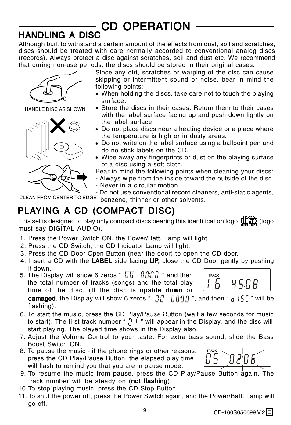 Cd opera, Cd opera cd operation tion tion tion tion, Handling a disc | Lenoxx Electronics CD-160 User Manual | Page 10 / 23