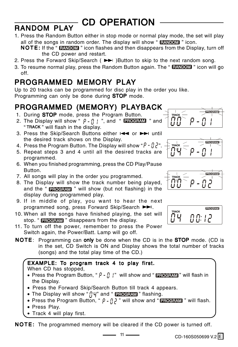 Cd opera, Cd opera cd operation tion tion tion tion, Random pla | Random pla random play yy y y | Lenoxx Electronics CD-160 User Manual | Page 12 / 23