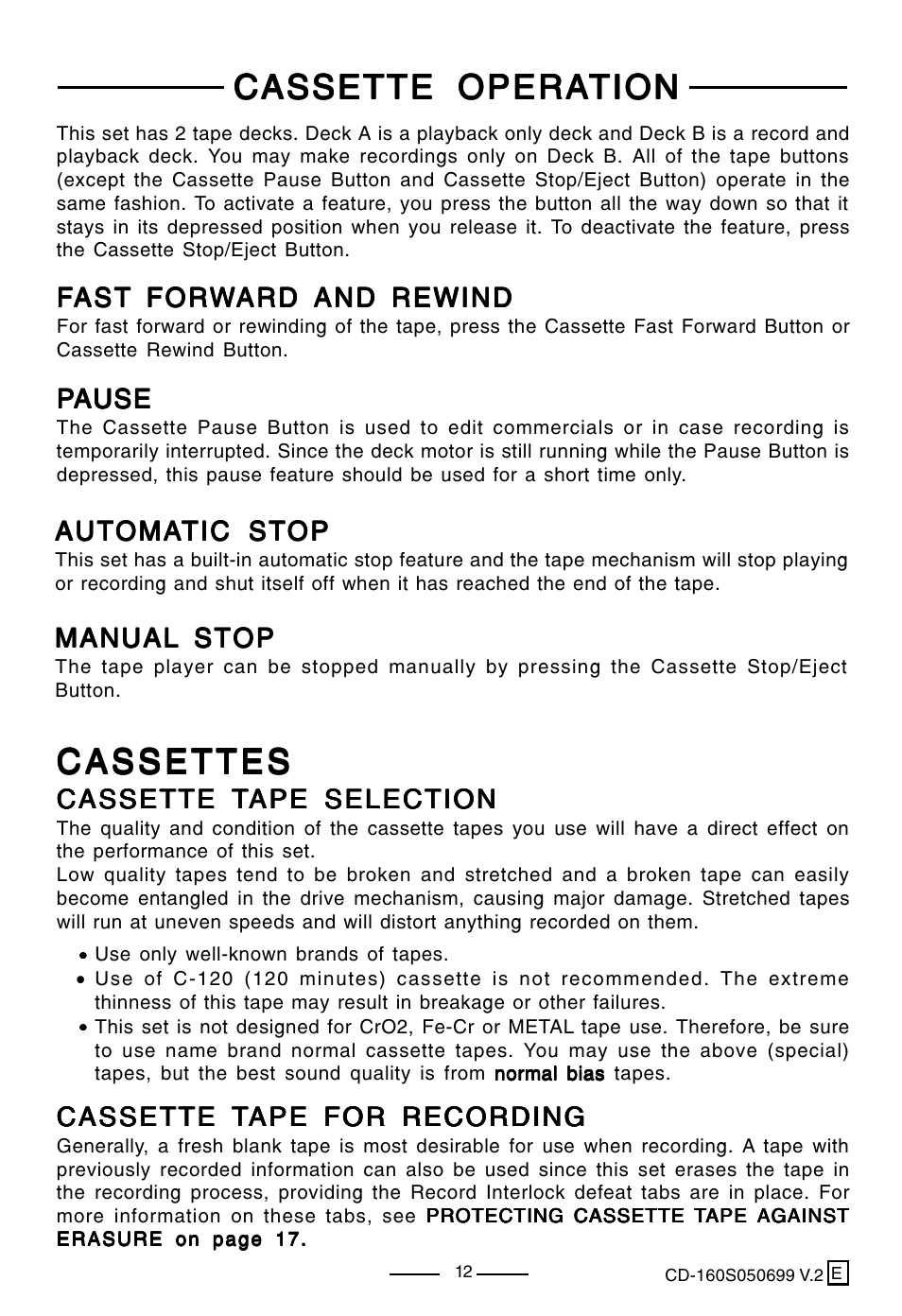 Cassette opera, Cassettes | Lenoxx Electronics CD-160 User Manual | Page 13 / 23