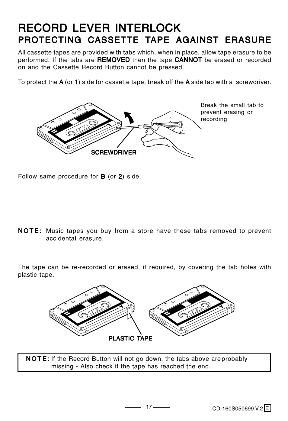 Record lever interlock, Protecting cassette t | Lenoxx Electronics CD-160 User Manual | Page 18 / 23