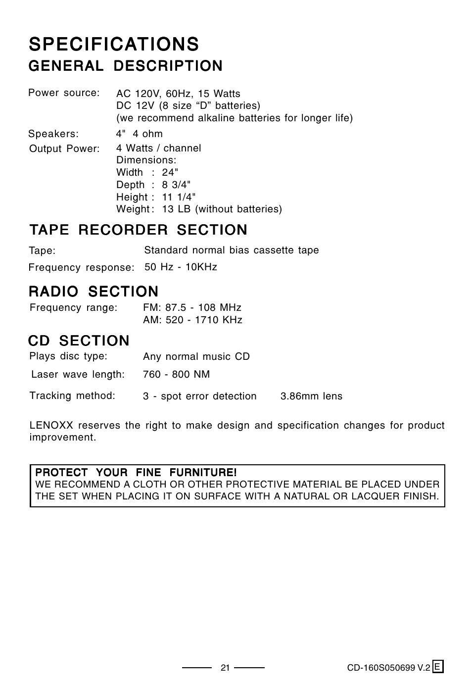 Specifica, Specifica specifications tions tions tions tions, General description | Lenoxx Electronics CD-160 User Manual | Page 22 / 23