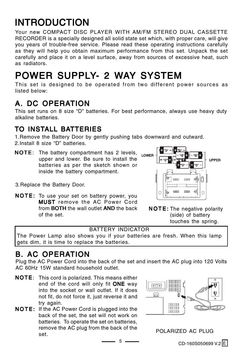 Introduction, Power suppl, A. dc opera | A. dc opera a. dc operation tion tion tion tion, B. ac opera, B. ac opera b. ac operation tion tion tion tion | Lenoxx Electronics CD-160 User Manual | Page 6 / 23