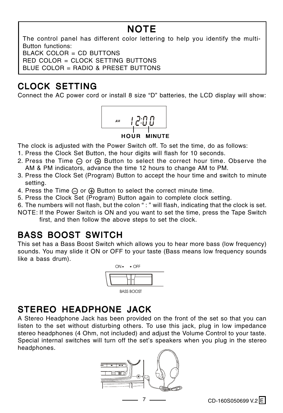 Clock setting, Bass boost switch, Stereo headphone jack | Lenoxx Electronics CD-160 User Manual | Page 8 / 23