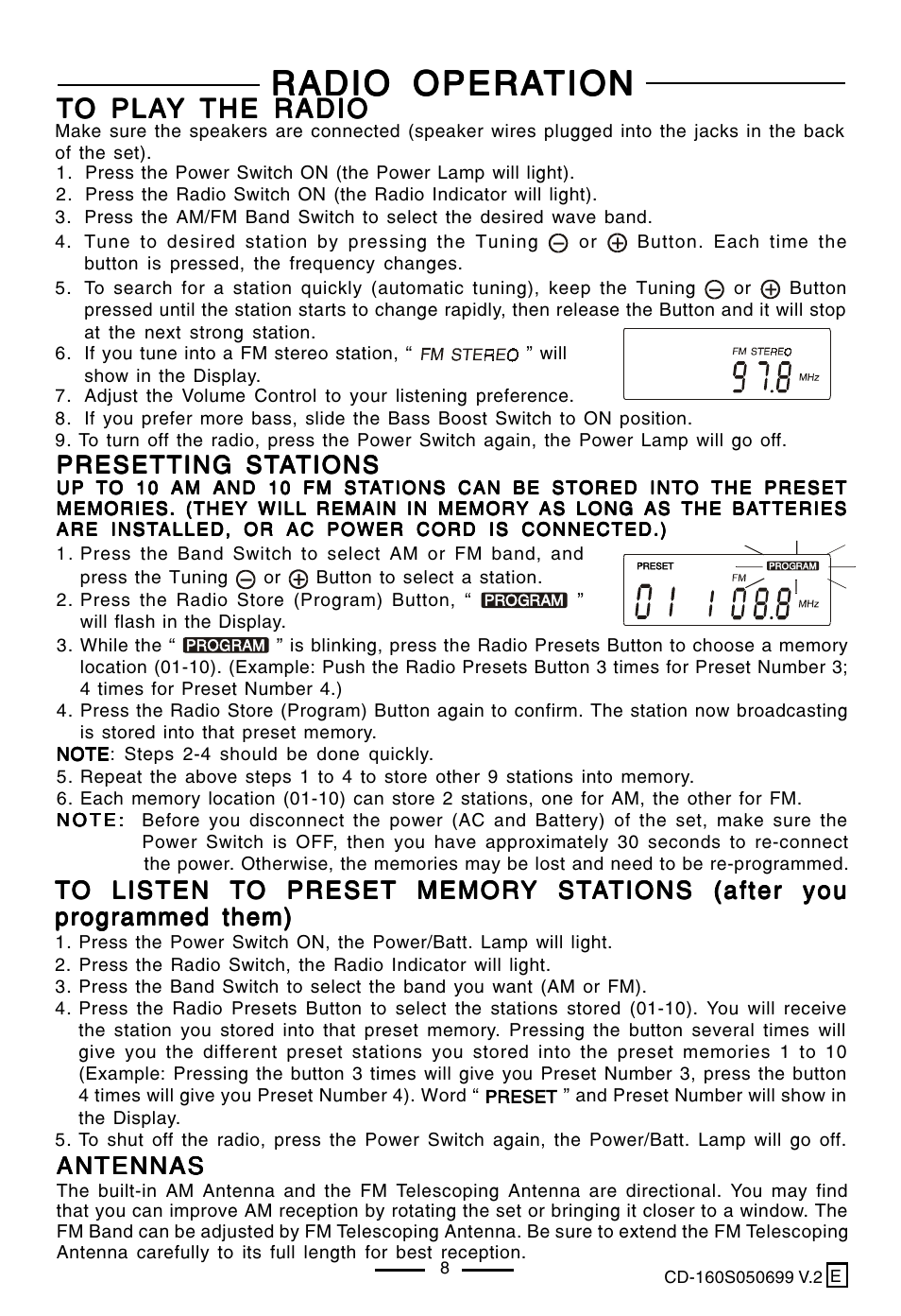 Radio opera, Radio opera radio operation tion tion tion tion, Antennas | Presetting st | Lenoxx Electronics CD-160 User Manual | Page 9 / 23