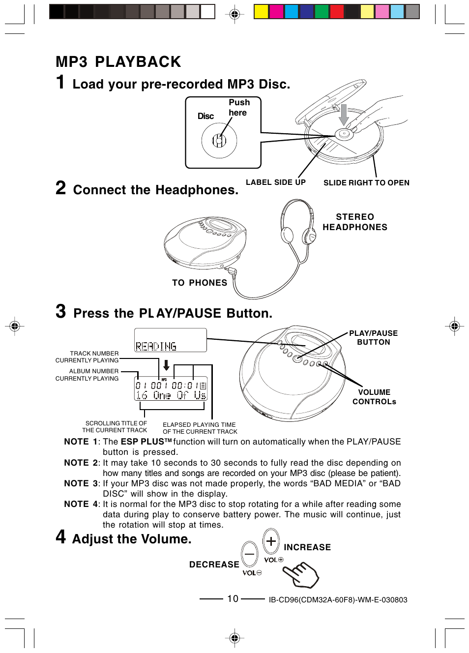 Mp3 playback, Load your pre-recorded mp3 disc, Connect the headphones | Adjust the volume, Press the play/pause button | Lenoxx Electronics CD-96 User Manual | Page 11 / 20