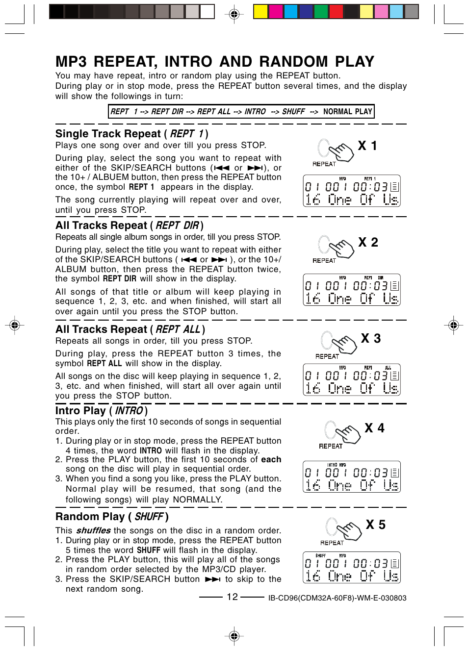 Mp3 repeat, intro and random play | Lenoxx Electronics CD-96 User Manual | Page 13 / 20