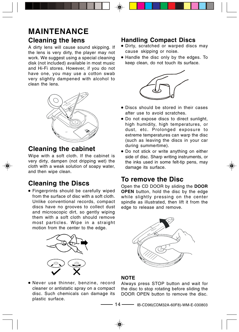 Maintenance, Cleaning the cabinet, Cleaning the lens | Cleaning the discs, Handling compact discs | Lenoxx Electronics CD-96 User Manual | Page 15 / 20