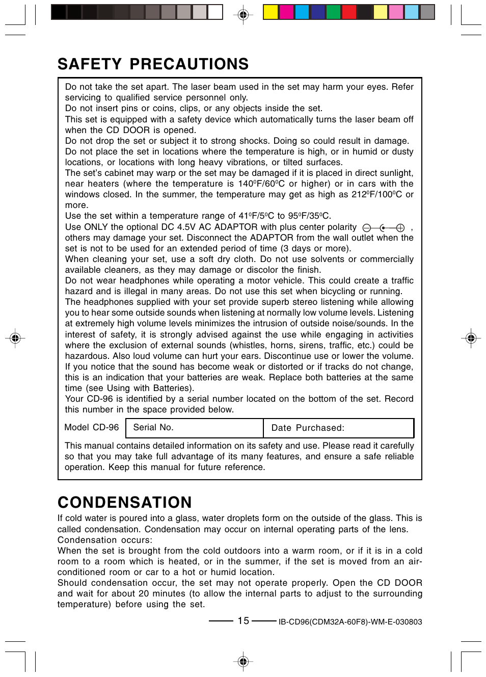 Safety precautions, Condensation | Lenoxx Electronics CD-96 User Manual | Page 16 / 20