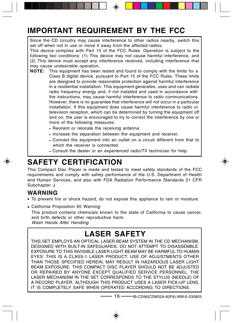 Safety certification, Important requirement by the fcc, Laser safety | Warning | Lenoxx Electronics CD-96 User Manual | Page 17 / 20