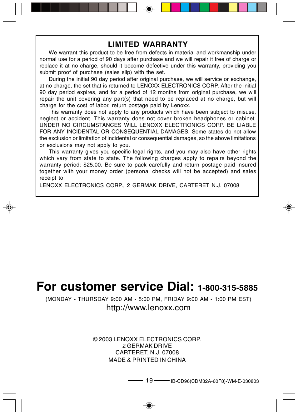 For customer service dial, Limited warranty | Lenoxx Electronics CD-96 User Manual | Page 20 / 20