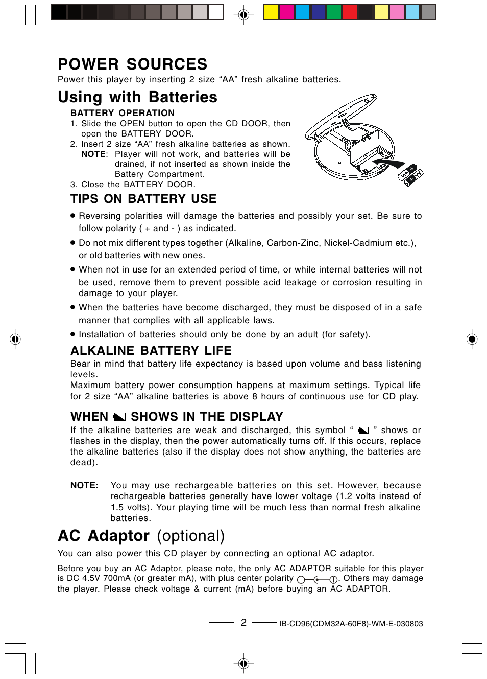 Power sources using with batteries, Ac adaptor (optional), Tips on battery use | When shows in the display, Alkaline battery life | Lenoxx Electronics CD-96 User Manual | Page 3 / 20